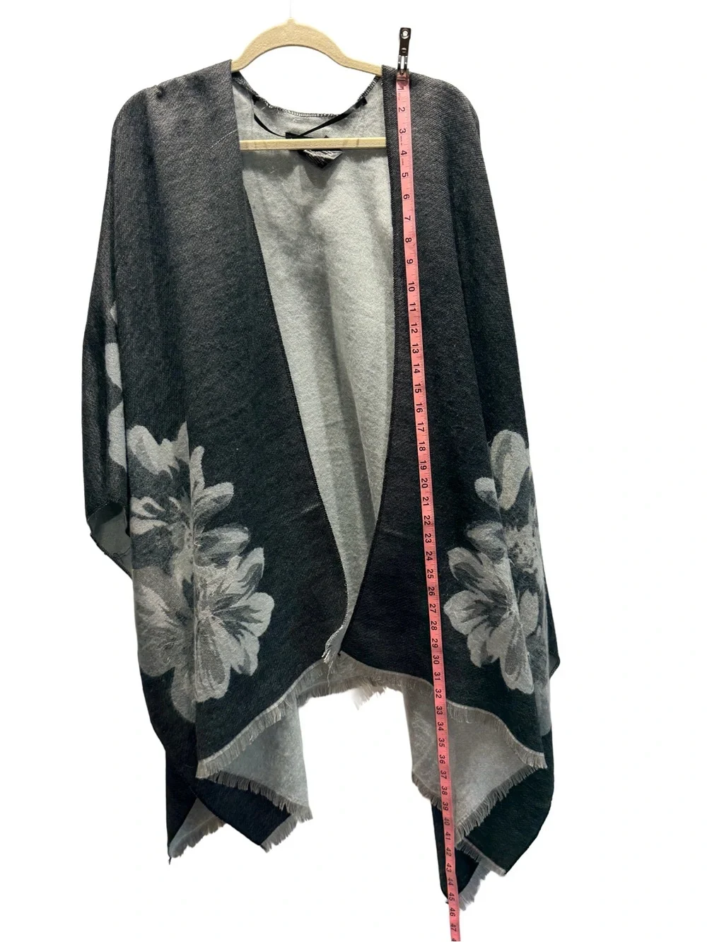 Reversible Black Grey Floral Wrap Shawl with Fringe - One Size